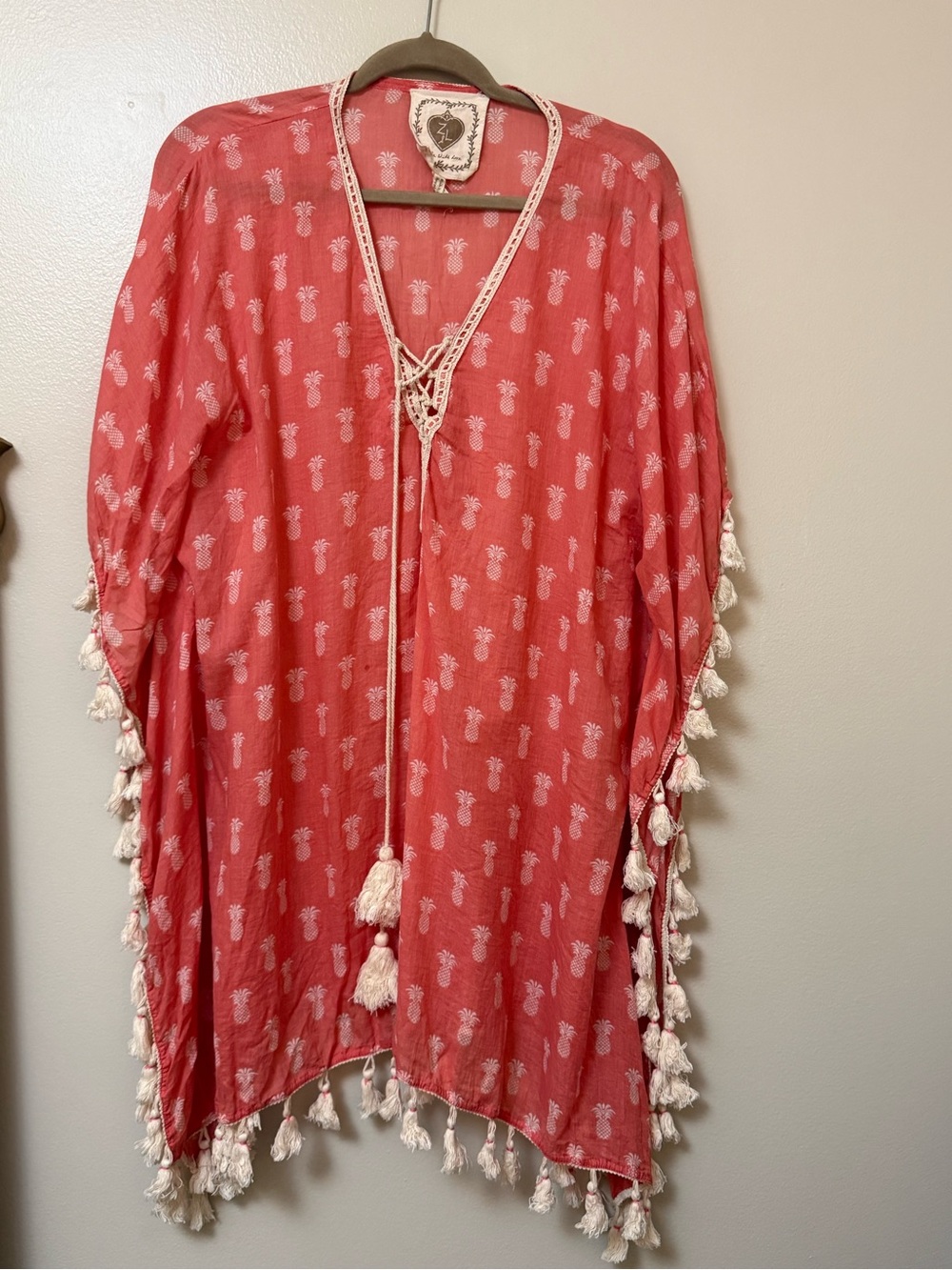 Z&L cotton Coral Pineapple Print Tassel Kimono